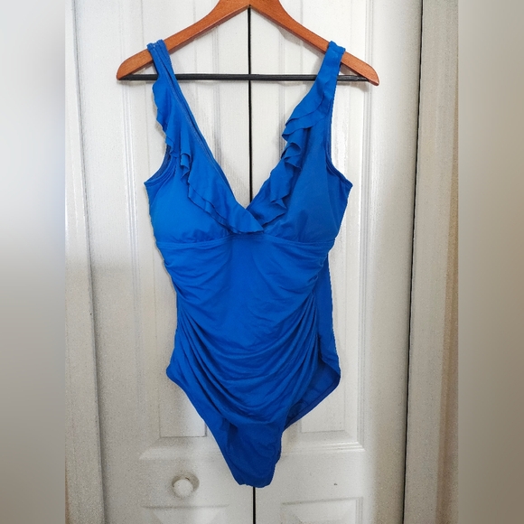 Lauren Ralph Lauren Blue Ruched One-Piece Swimsuit RuffleTummy Control Sz 16. - Picture 5 of 10